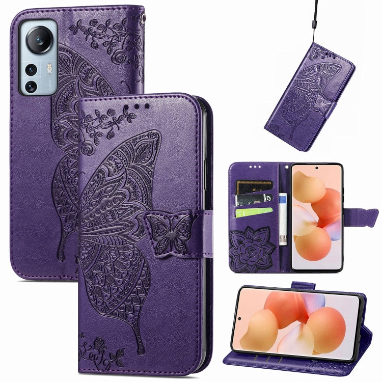 Purple embossed butterfly flip phone case with card slots and magnetic closure.