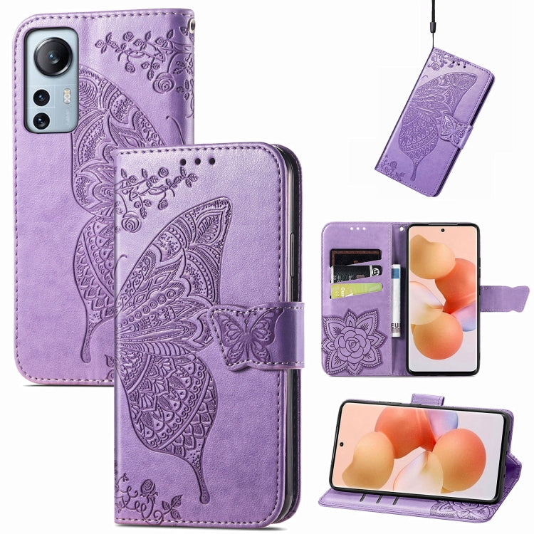 Purple embossed butterfly flip phone case with folio cover and card pocket.