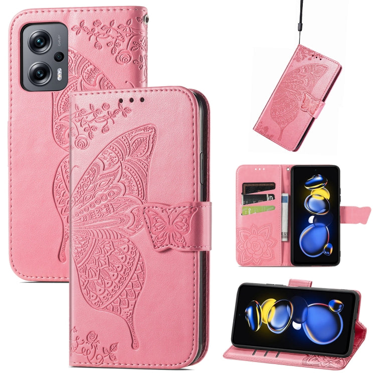 Pink embossed leather flip phone case with butterfly flower pattern and card slots