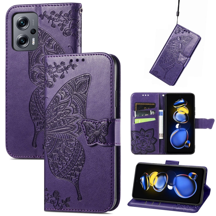 Purple embossed butterfly flip phone case with card pocket and magnetic strap.