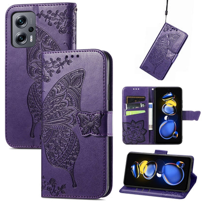 Purple embossed butterfly flip phone case with card pocket and magnetic strap.