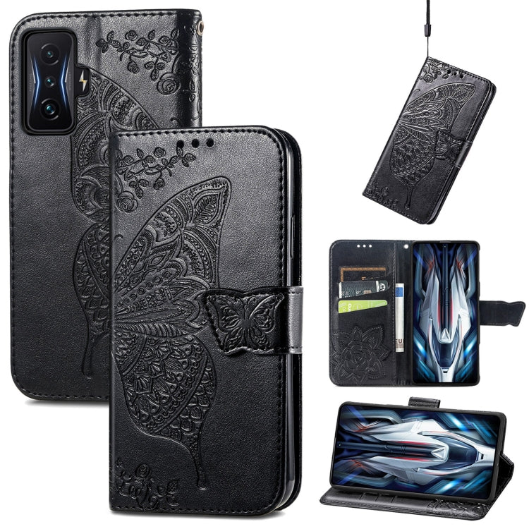 Black embossed butterfly flip phone case with folio front and card pocket.