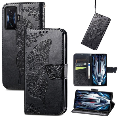 Black embossed butterfly flip phone case with folio front and card pocket.
