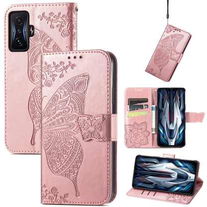 Pink embossed butterfly flip phone case with card slots and magnetic closure.