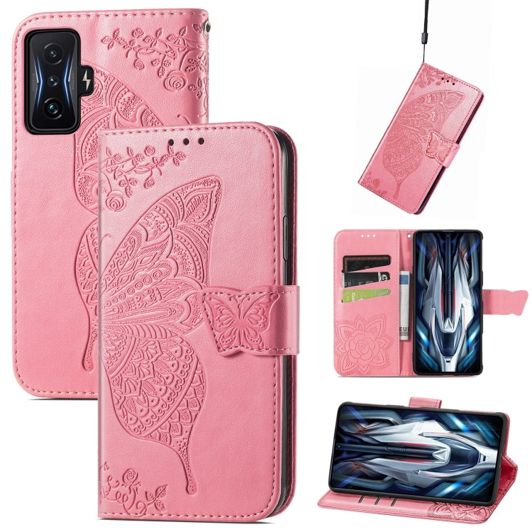 Rose pink embossed butterfly flip phone case with card slot pocket and folio cover.