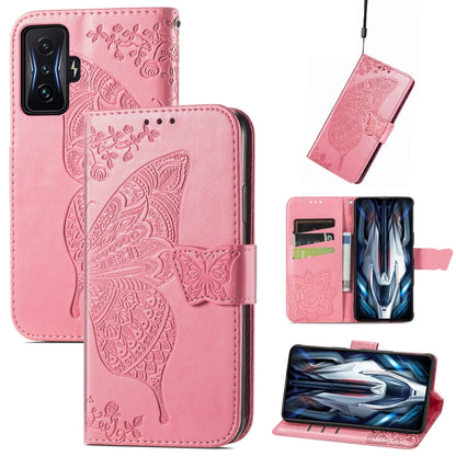 Rose pink embossed butterfly flip phone case with card slot pocket and folio cover.