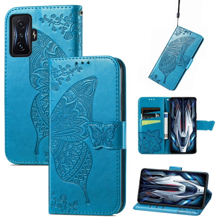 Blue embossed butterfly flip leather wallet phone case with card slots and cutout