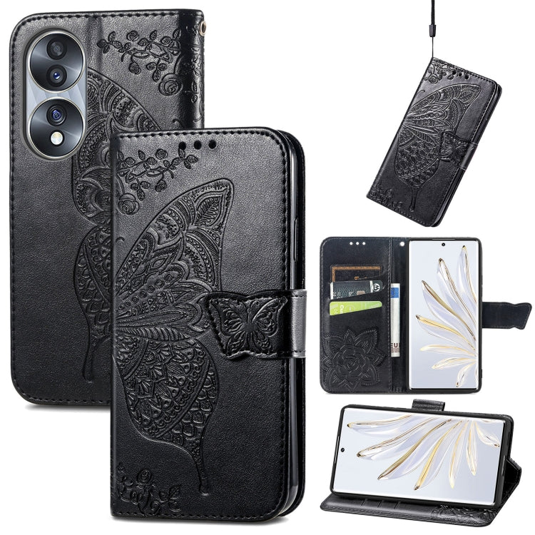 Black embossed leather-style flip phone case with butterfly and floral pattern, belt clip