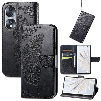 Black embossed leather-style flip phone case with butterfly and floral pattern, belt clip