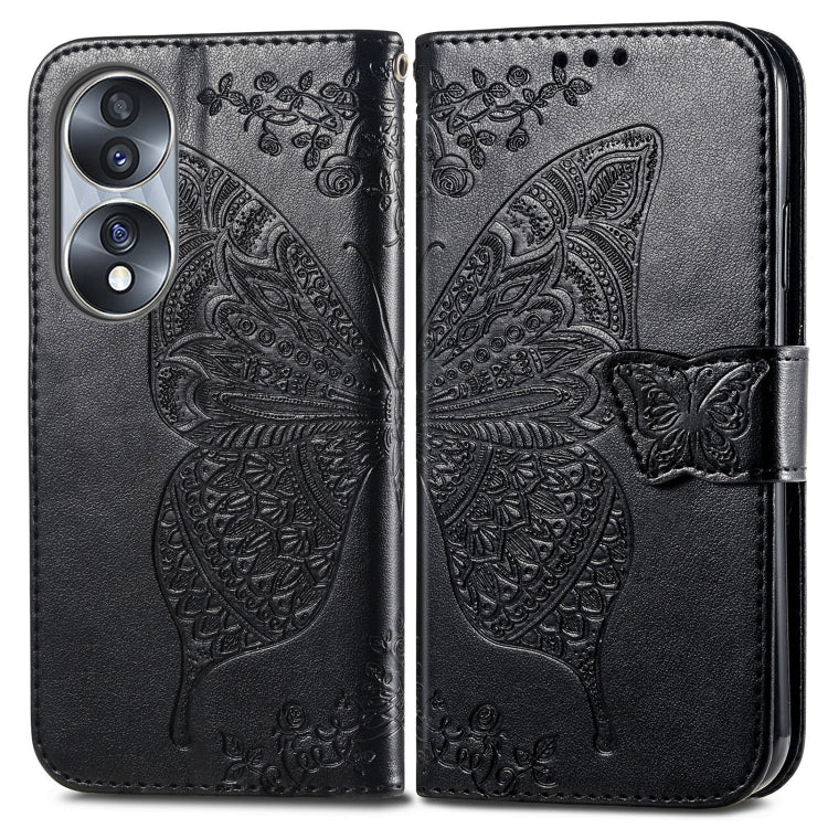 Black embossed flip phone case with butterfly-insect floral design and magnetic closure