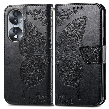Black embossed flip phone case with butterfly-insect floral design and magnetic closure