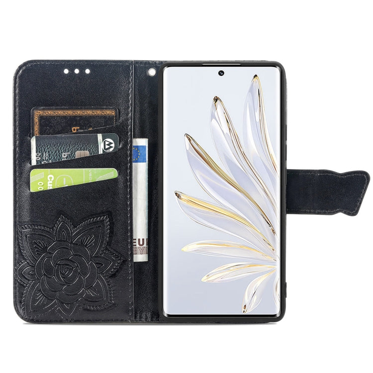 Dark blue embossed leather-style flip phone case with card slots and butterfly flower design
