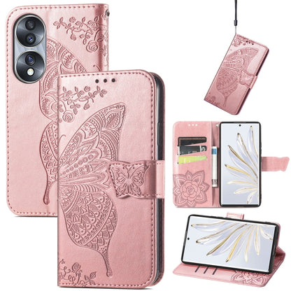 Pink embossed leather-style flip phone case with butterfly and floral pattern, card slots