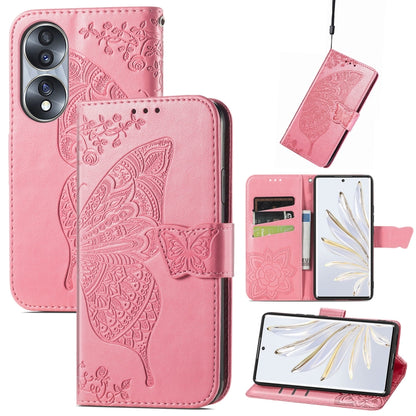 Pink embossed leather-style flip phone case with butterfly floral relief and belt clip