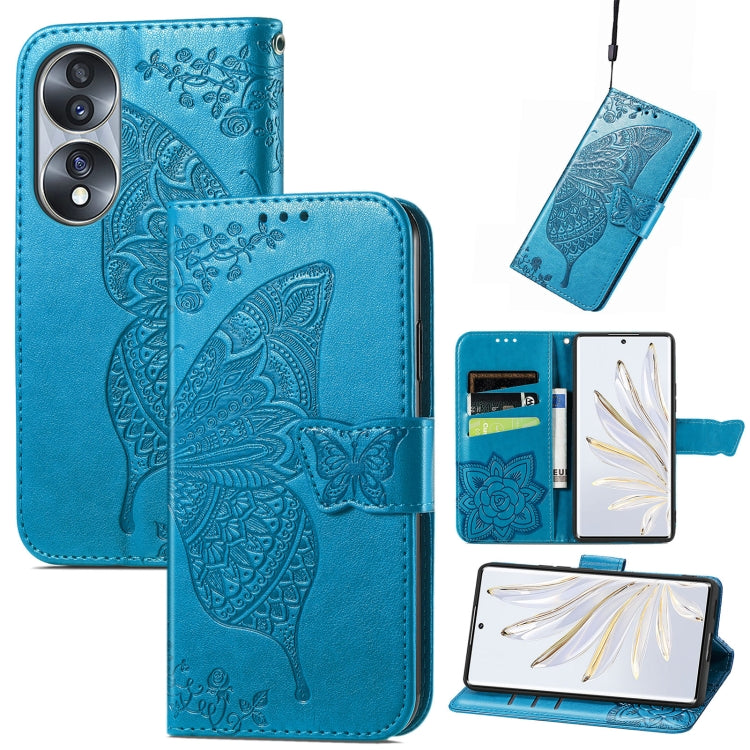 Blue embossed leather-style flip phone case with butterfly and floral pattern, card slots