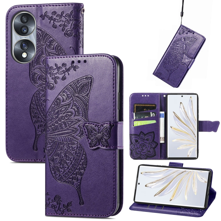Purple embossed leather-style flip phone case with butterfly and floral relief, card slots