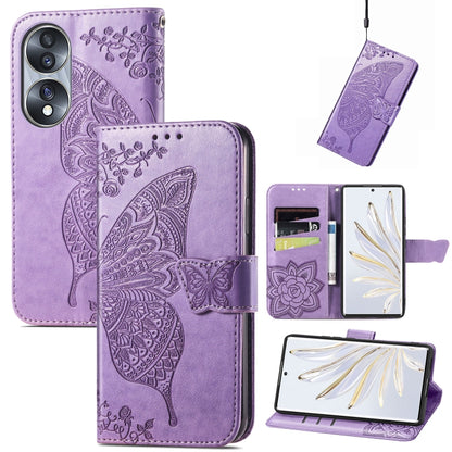 Light purple embossed leather-style flip phone case with butterfly and floral pattern, card slots