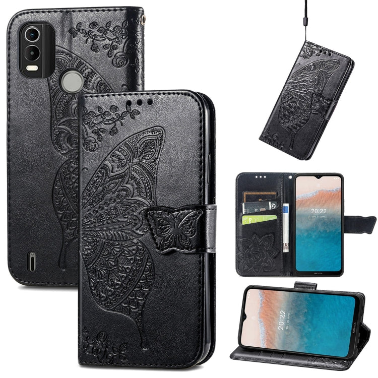 Black embossed flip leather phone case with butterfly and card slots