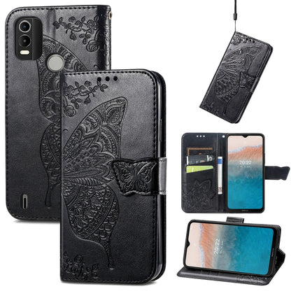 Black embossed flip leather phone case with butterfly and card slots