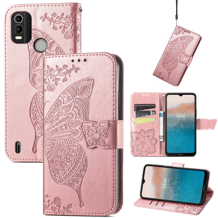 Rose gold embossed flip leather phone case with butterfly design and card holder