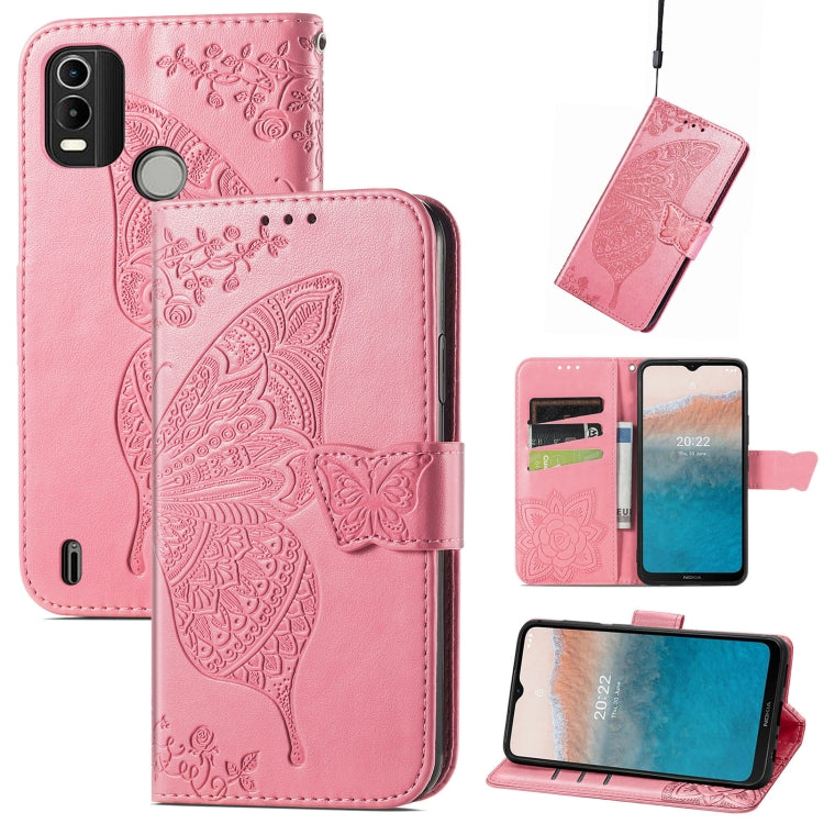 Pink embossed flip leather phone case with butterfly pattern and card slots