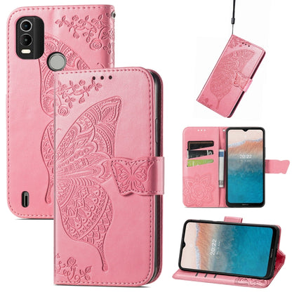 Pink embossed flip leather phone case with butterfly pattern and card slots