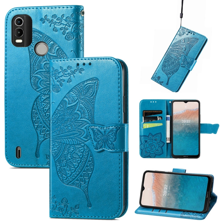Blue embossed flip leather phone case with butterfly motif and stand feature