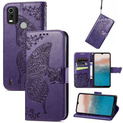 Dark purple embossed flip leather phone case with butterfly design and card slots