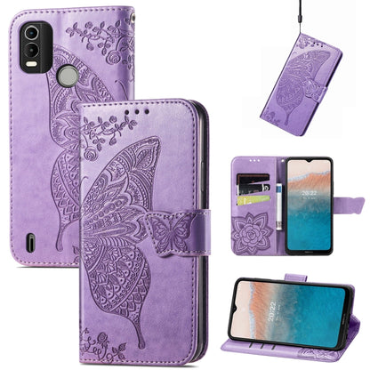 Light purple embossed flip leather phone case with butterfly motif and card slots