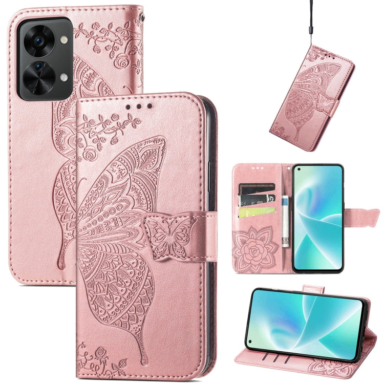 Pink embossed flip leather phone case with butterfly motif and card slots