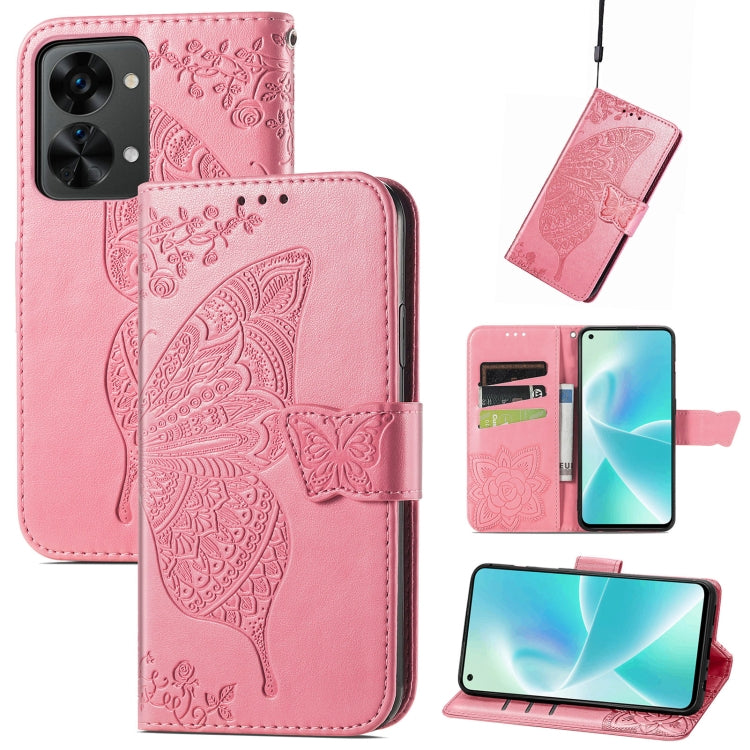 Pink embossed flip leather phone case with butterfly design and card holder