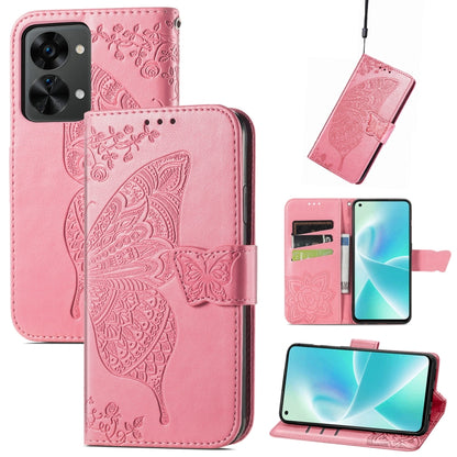 Pink embossed flip leather phone case with butterfly design and card holder