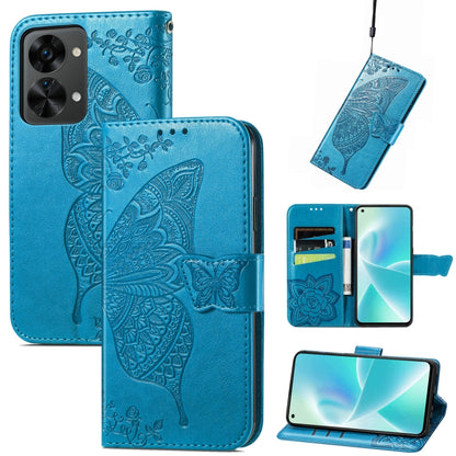 Blue embossed butterfly flower flip leather phone case with card slots and strap