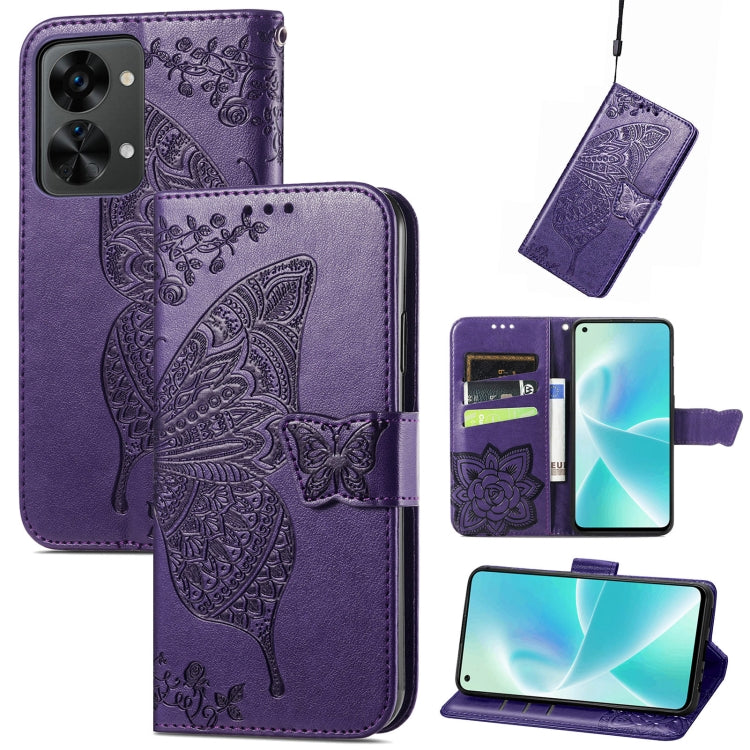 Purple embossed butterfly flower flip leather phone case with card slots and strap