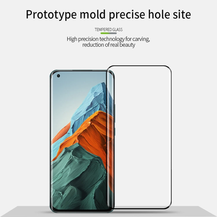 Curved 3D tempered glass screen protector film shown on phone and backing