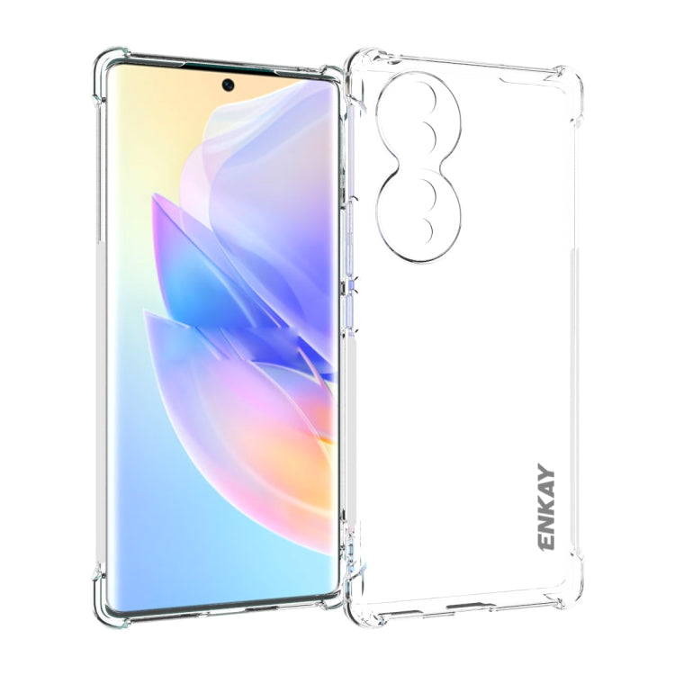 Transparent TPU shockproof phone case showing dual camera area protection and ENKAY logo
