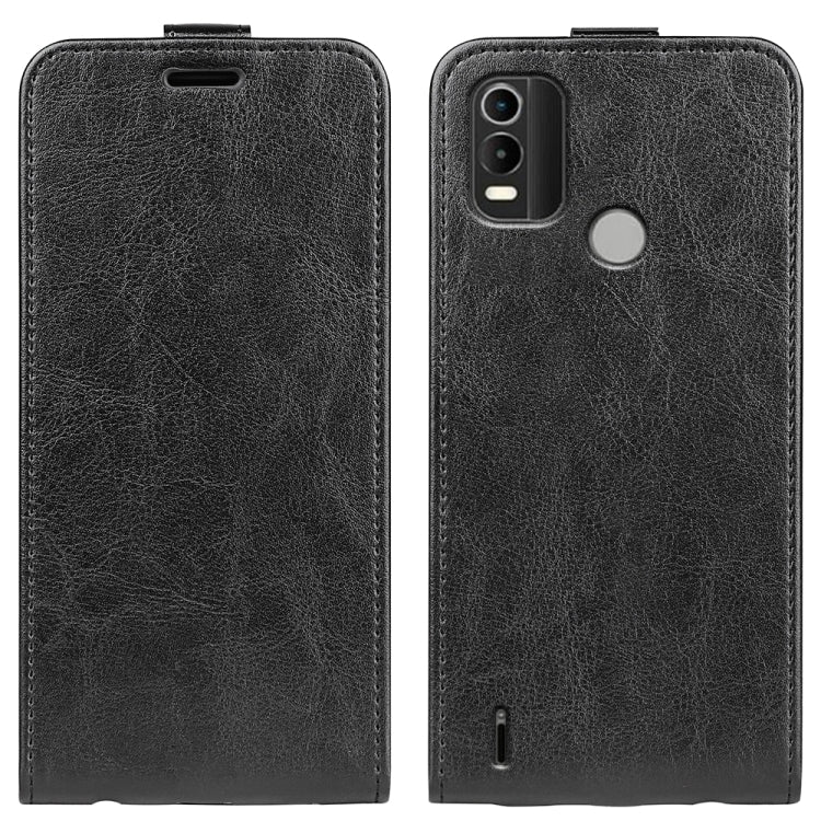Nokia C21 Plus black textured vertical flip leather phone case, front view