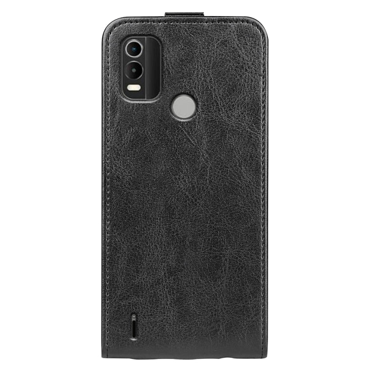 Nokia C21 Plus black textured vertical flip leather phone case, back view with port opening