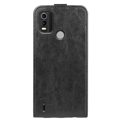 Nokia C21 Plus black textured vertical flip leather phone case, back view with port opening
