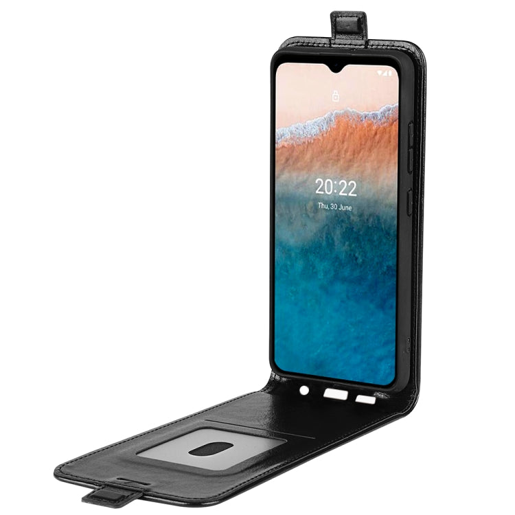 Nokia C21 Plus black vertical flip leather phone case, flip stand with card slots