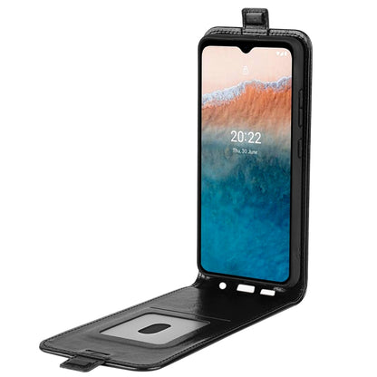 Nokia C21 Plus black vertical flip leather phone case, flip stand with card slots
