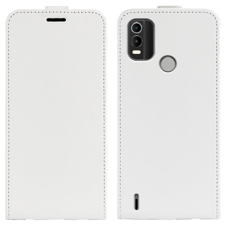 Nokia C21 Plus white textured vertical flip leather phone case, front and back