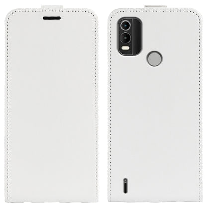 Nokia C21 Plus white textured vertical flip leather phone case, front and back