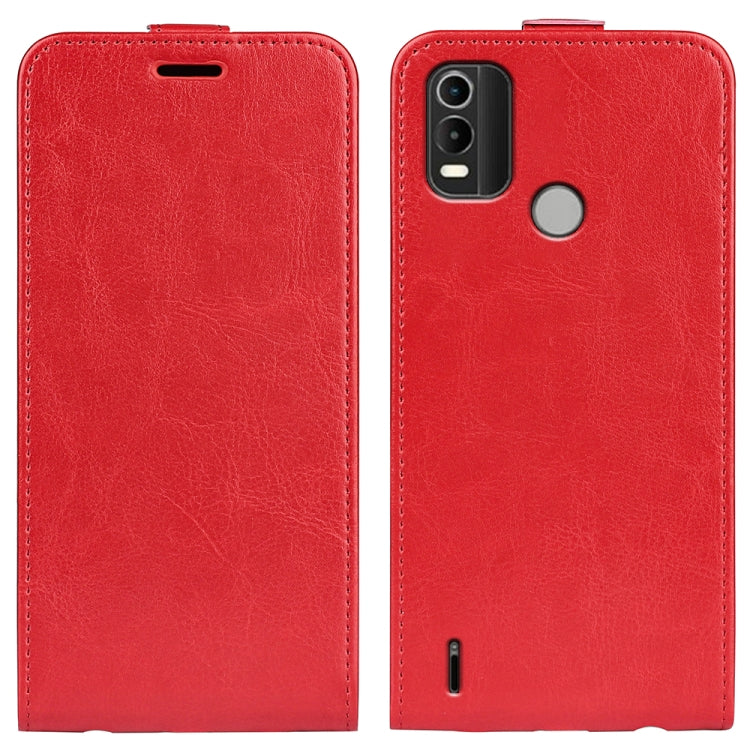 Nokia C21 Plus red textured vertical flip leather phone case, front and back