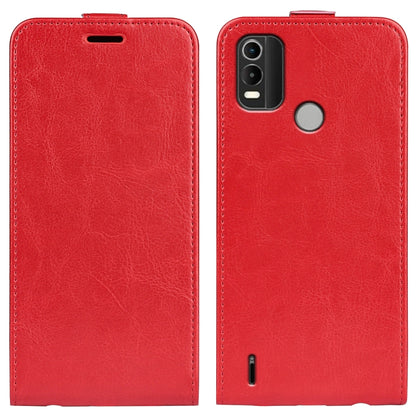 Nokia C21 Plus red textured vertical flip leather phone case, front and back