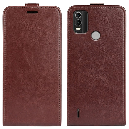 Nokia C21 Plus brown textured vertical flip leather phone case, front and back