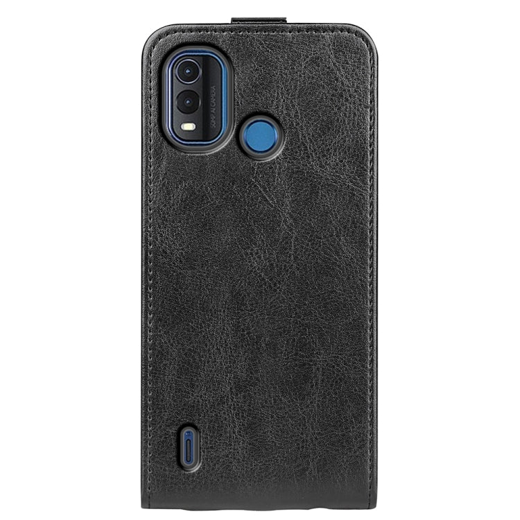 Nokia G11 Plus black vertical flip phone case, view of camera and speaker cutouts