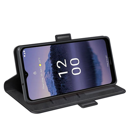 Black leather flip phone case with kickstand-style opening and magnetic buckle