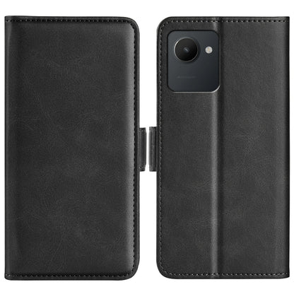 Black flip leather phone case with magnetic buckle, dual-fold design and camera opening