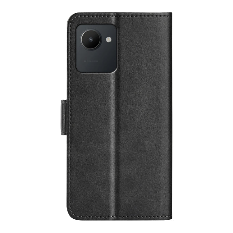 Black flip leather phone case with magnetic buckle and cutout for rear camera
